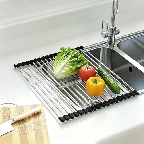 CHIRISEN Egouttoir Vaisselle sur Evier Extensible, Pliable, Enroulable Egoutoire Vaisselle Cuisine INOX Au-Dessus de L’évier pour Vaisselle Porte-torchons, Fruits, Légumes(54x33cm, 18 Tubes, Noir)