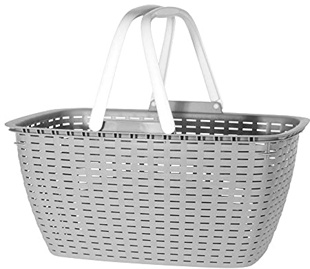 hibuy Einkaufskorb Gisi, mit Klappgriffen - Stabiler Korb aus Kunststoff mit Flechtoptik - 43 x 32 x 22 cm - Farbe Grau