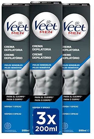 Veet Men Crema Depilatoria Masculina para Pecho Espalda Brazos y Piernas, Pieles Sensibles, 3 x 200ml