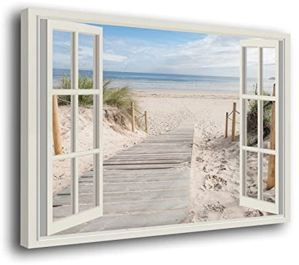 Genérico Cuadro Lienzo Canvas Pasarela Playa con Ventana Efecto 3D – Varias Medidas - Lienzo de Tela Bastidor Madera de 3 cm - Alta resolucion (80, 53)
