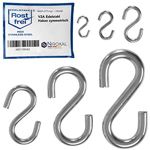 NietFullThings Gancio a S simmetrico in acciaio inox V2A, gancio a S, piccolo diametro 3 mm, spessore 24 mm, lunghezza gancio in metallo per appendere, gancio in acciaio inox per appendere
