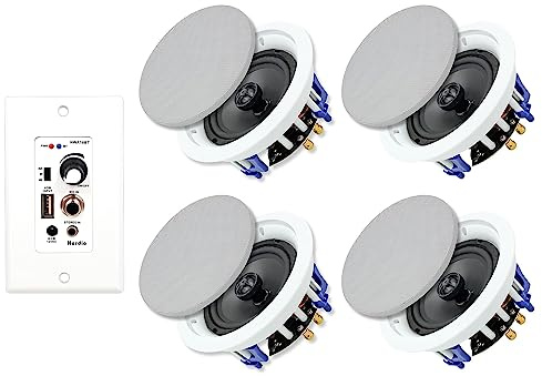 Herdio 5.25 Inch Bluetooth Ceiling Speakers Max Power 600W 2-Way Flush Mount Plus Wall Mount Amplifier Receiver Suitable for Home Theater Bathroom Living Room Kitchen Office(4 Speakers)