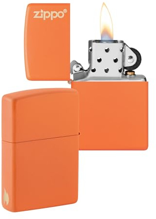 Zippo Sturmfeuerzeug - Orange Matte mit Logo & seitlicher Flammengravur - Nachfüllbar - Wiederverwendbar - Windfestes Design - Geschenkbox - Made in USA - Amazon Exclusive