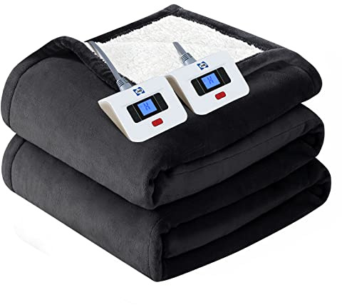 SEALY Electric Blanket Queen Size, Flannel & Sherpa Heated Blanket with 10 Heating Levels & 1-12 Hours Auto Shut Off, Machine Washable, Grey, 84 x 90 Inch