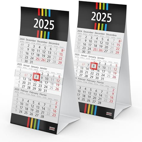 3-Monatskalender 2026 MINI - 2 Stück Tischkalender 10 x 20 cm - stabiler Kartonaufsteller mit Ferienterminen und Datumsschieber - Made in Germany by Geiger-Office