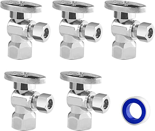 WiseWater Threaded Angle Stop Valve 1/2 FNPT x 3/8 Compression, Quarter Turn Chrome Plated Brass Toilet Shut Off Valve for Bathroom & Sink Supply Lines (5-Pack)