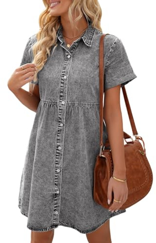 Vetinee Women's Casual Babydoll Denim Dress Short Sleeve Button Down Flowy Tiered