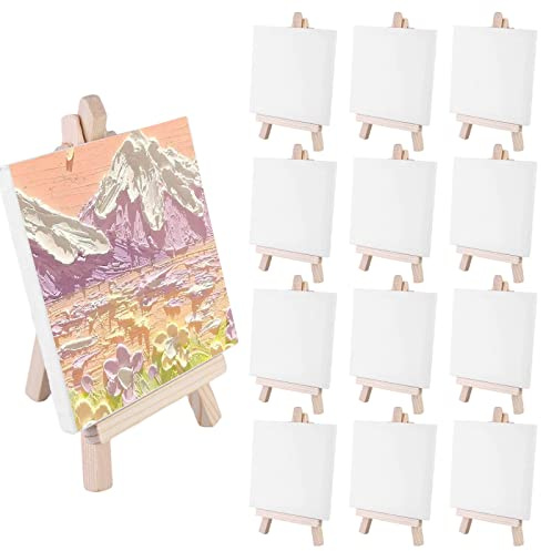Mini-Leinwand mit Staffelei: 12 Stück Leinwände, Staffelei für künstlerisches Zeichnen und DIY-Dekoration (10 x 10 cm)