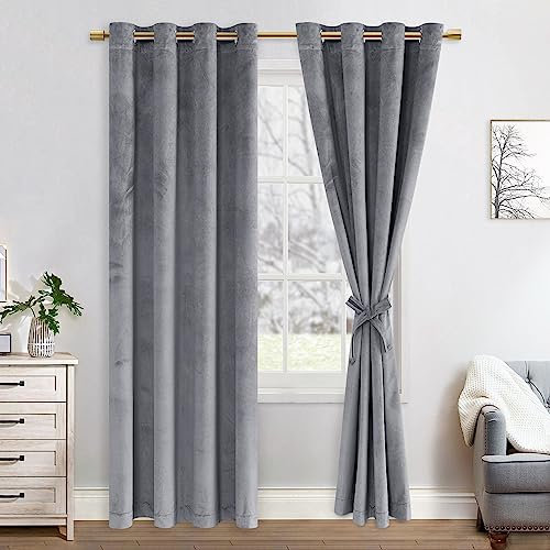 JIUZHEN Verdunklungsvorhang aus Samt,2er Set weiche blickdichte Gardinen mit Ösen für Schlafzimmer,140x225cm (Breite x Höhe),Graue