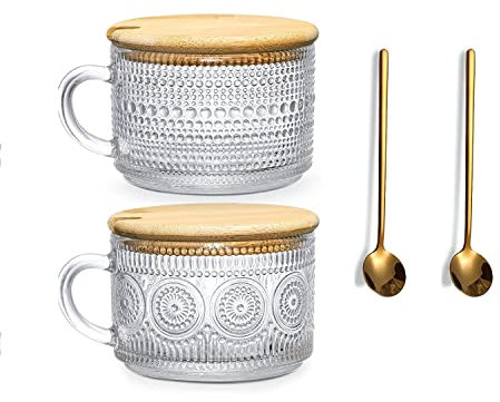 XNSHUN Glas Kaffeebecher Vintage Geprägte Kaffee Glas, Frühstückstassen Mit Bambusdeckel Und Löffel, Müslischale Kristallglas, Milchkaffeetasse Dessertgläser Trinkgläser, 450ML (2-teiliges Set)