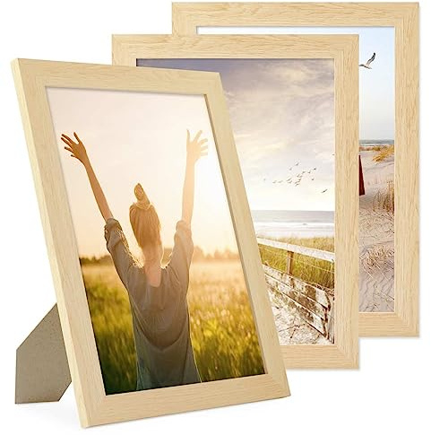 PHOTOLINI Bilderrahmen A4 Set Natur Holz MDF, breiter DIN A4 Bilderrahmen 3er Set 21x30, bruchsicheres Acrylglas, picture frame zum Aufhängen & Aufstellen, Bilder Rahmen 30x21 mit Zubehör