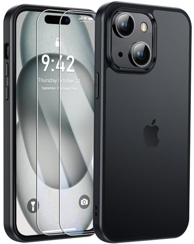 FLLAO Handyhülle Kompatibel mit iPhone 15 Hülle und 2 Hartglas, [Militärnorm Schutz] [Anti-Fingerabdruck] Mattierte Durchscheinende Rückseite Schutzhülle für iPhone 15 - Schwarz
