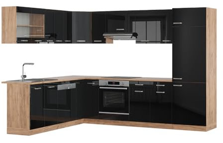 Vicco Eckküche R-Line, Schwarz Hochglanz/Goldkraft Eiche, 227 x 287 cm ohne Arbeitsplatte