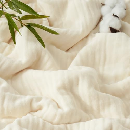 PHF Cooling Muslin King Blanket for Hot Sleepers, 60% Rayon Derived from Bamboo, 40% Cotton for Summer, 4-Layer Breathable Gauze Blanketfor Bed Couch, 108x90, Natural/Shortbread