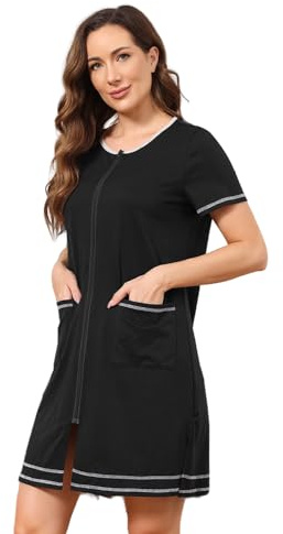 Alunsito Damen-Robe Hausmantel mit Reißverschluss vorne kurzärmeliges Nachthemd knielanges Damen-Lounge-Kleid mit Taschen Schwarz Größe XL