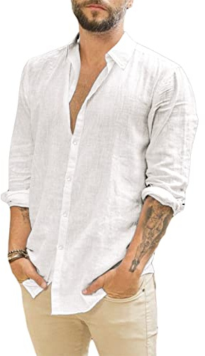 Runcati Camicia da Uomo a Maniche Lunghe in Lino con Colletto rovesciato, Camicia Casual da Lavoro, Camicia Estiva, Bianco, L