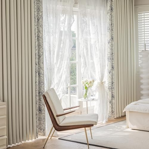 Jugendzimmer Vorhänge Weiß und Schwarz Patchwork mit Ösen 214 cm Höhe Jacquard Blickdichte Gardienen Curtains Chenille mit Blumendruck Verdunkelungsvorhang für Schlafzimmer Wohnzimmer H 214 x B 86 cm