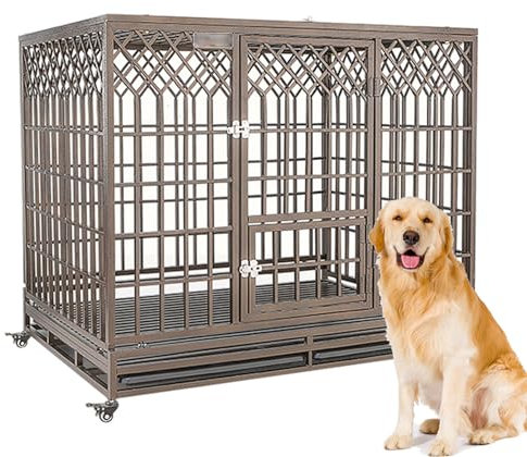PJDDP Robuste Hundebox, Großer Haustierkäfig Auf Rädern Mit Reißfestem Vierkantrohr – Militär-Welpenkäfige Aus Metall Mit Herausnehmbarem Tablett,XXL