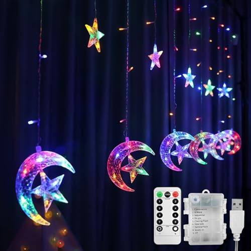 Jsdoin Christmas LED String Lights 3.5M LED Stars Moon Curtain Lights Christmas String Fairy Lights with USB+Battery-Powered and 8 Flashing Modes for Ramadan Christmas, Wedding Decoration