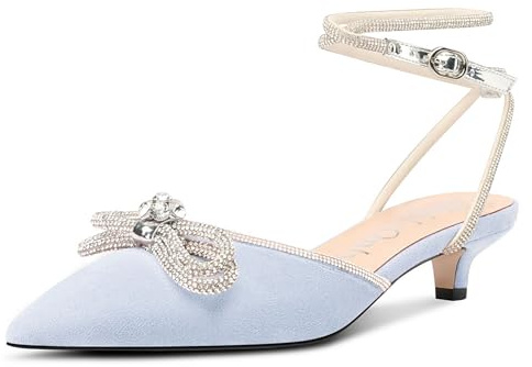 NobleOnly Femmes Diamant Nœud Papillon Escarpins Kitten Talon Heel Fermé Pointu Bout Lanières Cheville Escarpins Mariage Dress Chaussures 3.5 CM Heels