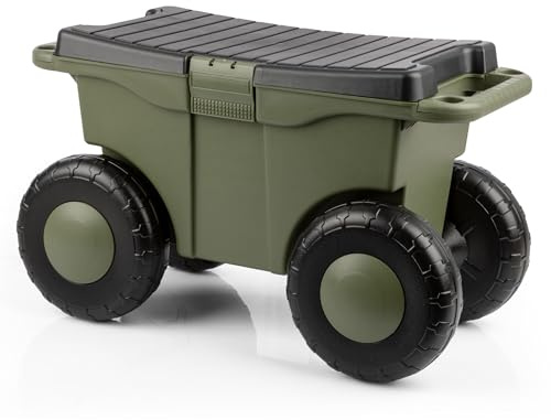 Pure Garden Rollbarer Gartenwagen mit Sitz – Kunststoff-Aufbewahrung mit Bank und Werkzeugablage im Inneren – Gartenhocker zum Jäten und Pflanzen (Grün) | Gartenbank aus Kunststoff mit Werkzeugablage im Inneren zur Aufbewahrung – Gartenhocker zum Jäten und Pflanzen