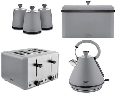 Tower Sera 1.7L 3KW Pyramid Kettle, 4 Slice Toaster, Breadbin & Canisters Set in Grey with Smoked Black Trim. Contemporary Matching Tower Grey Kitchen Bundle Set of 6