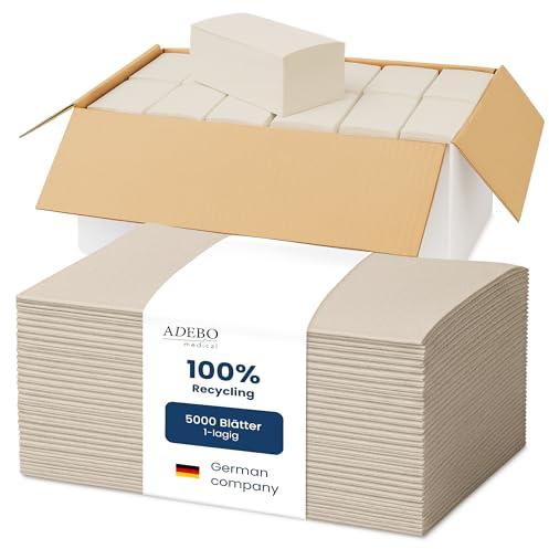 5.000 Papierhandtücher | 1-lagig | ADEBO ZZ-Falz Falthandtücher | naturfarbene Recycling-Papiertücher, 25×23 cm | wirtschaftliche & saugfähige Einweg-Handtücher für alle gängigen Spender