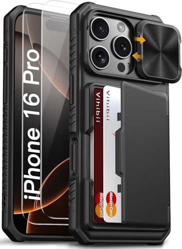 Vihibii for iPhone 16 Pro Case with [2X Screen Protector], Black | Built-in Card Holder (4 Cards), [RFID Blocking] & Slide Camera Cover & Tempered Glass Films, Rugged Wallet Case for 16 Pro