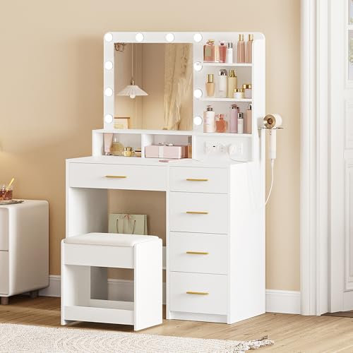 Hzuaneri Schminktisch mit 10 LED-Beleuchtung, Hocker, Frisiertisch mit Große Spiegel, Schminktische mit Stecker, Und Haartrocknerhalter, Und Mehreren Schubladen, Weiß DT39003X