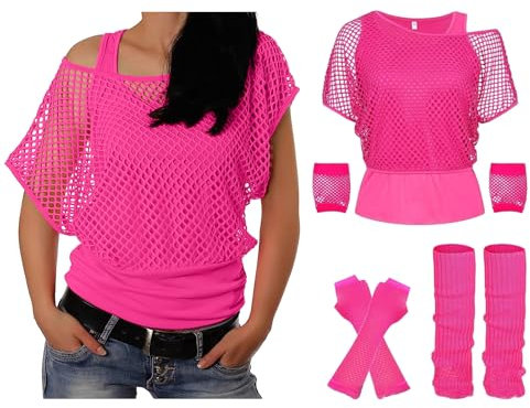 Rave Outfit Damen 90er Jahre Outfit Netzoberteil Damen mit Tank top Beinwärmer und Netzhandschuhe 80er Jahre Kleidung Frauen Netzshirt Neon 80s Aerobic Party Outfit für Fasching Karneval Kostüm