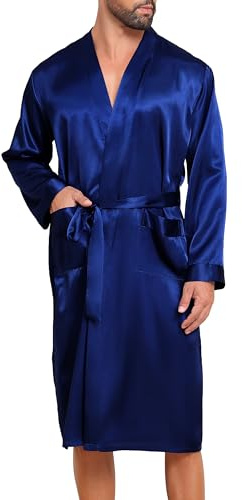Lovasy Herrmorgonrock i satin lätt sidenmorgonrock långärmad badrock kimono mjuk och bekväm nattkläder med bälte och ficka, M