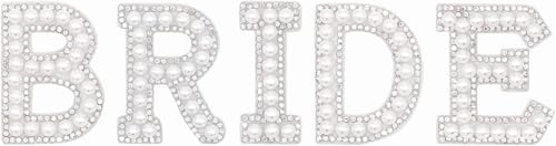 Braut Bügelbuchstaben für Textilien 5 Stück Hochzeit Aufbügeln Buchstaben Strasssteine Buchstaben zum Aufnähen Weiß Perlen Bügelbilder Aufnäher für Kleidung, Hüte, Schuhe, Bastelbedarf