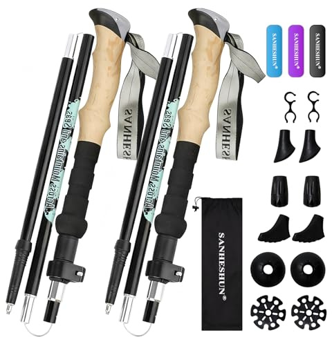 Walking Trekking Poles 2 Pack - 5 Section Lightweight Aluminium Alloy with Anti Shock & Quick Flip Lock - Cork EVA Handle, Adjustable 108-128CM - for Hiking, Camping, Travel