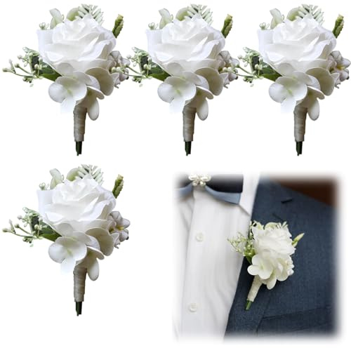 YANJINGHE 4 stycken rosblomma, knappnål, bröllopsnätblomma, handgjorda konstgjorda blommor, män, knappblomma med stift för bröllop, bal, fest (vit F)