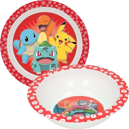 Juego de 2 platos y cuencos de Pokemon para niños, cuenco de 350 ml, vajilla de plástico reutilizable 100% oficial sin BPA, diseño de dibujos animados, vajilla para niños y niñas a partir de 3 años
