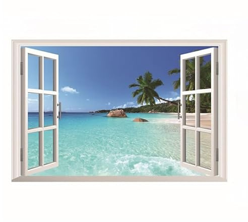 VersaBuy Vinilo Decorativo Ventana Vista al Mar 90x60cm | Adhesivo de Pared con Imagen de Playa Tropical | Efecto Realista | Fácil de Aplicar y Quitar | Ideal para Hogar, Oficina o Espacios Comerciale