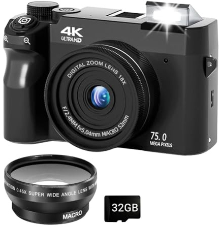 Appareil Photo Numérique Zoomix, 4k 75 Mpx, Zoom Numérique 18x, Compact, Écran 3 Pouces, Mise Au Point Intelligente, Double Capteur Avant et Arrière(Black-Wide-Angle Lens#)