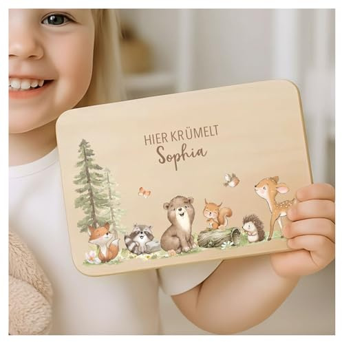 Little-Deco Individuelles Holzbrett mit zertifiziertem UV-Druck, Personalisiertes Frühstücksbrettchen, Hier Krümelt Brettchen mit Namen, Taufgeschenk und Babygeschenk XFL1043