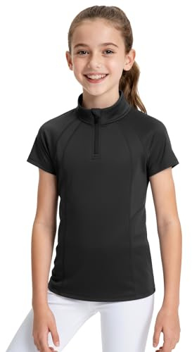 JOCMIC Girls Short Sleeve Equestrian Shirt Horse Riding Shirts Half Zip Kids for Golf Yoga Running Black 7-8 Years