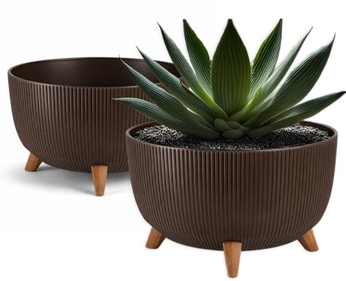 FEINZ Vaso Da Fiori Con Gambe 40 cm, Marrone, Con Inserto E Drenaggio | Per Interni/Esterni, Resistente Intemperie, Stile Scandinavo Effetto Legno