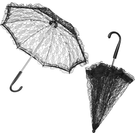 Healeved 2 Stück Festival Sonnenschirm aus Schwarzer Spitze und Eisen Tragbar und Komfortabel Dekorativer Regenschirm für Damen bei Halloween und Festivitäten