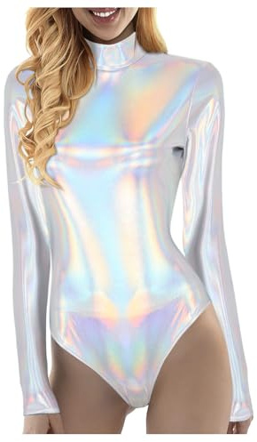Metallic Body Damen Glänzend Wetlook Bodysuit Langarm Tanz Leotard Ballett Trikot Jumpsuit Gymnastikanzug Ballettbody Tanzbody Karneval Kostüm Alien Kostüm Party Faschingskostüm (L)