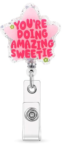 Ymapinc Funny Nurse Badge Reel, Nursing Social Worker Badge Reel Accessory | Retractable Pink Glitter ID Card Holder with Alligator Clip for Women Girl, You're Doing Amazing Sweetie, Nurse Gifts