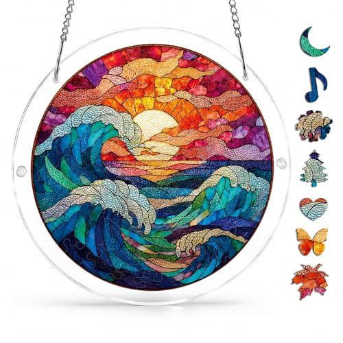 Acrylic Jigsaw Puzzle Suncatcher Window Hanging, Ocean Sunset Pattern Sun Catchers for Windows, Suncatcher Puzzle Crafts for Adults, Garden Hanging Ornaments Gifts for Women, 7 In