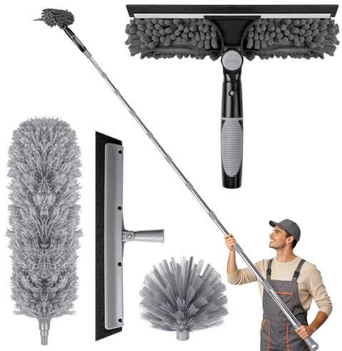Vicloon Plumero Atrapapolvo con 1 Duster 1 Removedor de Telarañas, 2 Raspadores para Limpiar Cristales 10x Extensible Poste Acero Inoxidable 43cm-400cm para Persianas Limpieza del Hogar Windows Techos