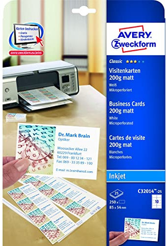 AVERY Zweckform C32014-25 Classic Visitenkarten, blanko (250 Stück, 200g, 85x54 mm, einseitig bedruckbar, matt weiß, extra feine Mikroperforation, 25 Blatt) zum Selbstbedrucken auf Inkjet-Druckern