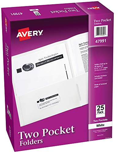 Avery Two Pocket Folders, Holds up to 40 Sheets, Business Card Slot, 25 White Folders (47991)