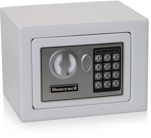 Honeywell Safes & Door Locks - Bolt Down Small Safe Box with Digital Lock for Home - Steel Security Electronic Lock Box - Cabinet & Door Design Safe with 2 Keys - 0.17-Cubic Feet - White - 5005W