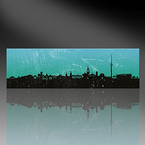 Kunst Druck auf Leinwand - Skyline Stuttgart Türkis (div. Größen) Bild fertig auf Keilrahmen ! Graffiti Like Banksy Art Gemälde Kunstdrucke, Wandbild (40x120cm)