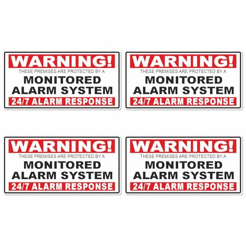 4 x A1 FULL COLOUR Monitored Alarm System Stickers 50x100mm Red and Black on White External Application 24hr Security Warning Home House Flat Business Property Self Adhesive Vinyl Signs